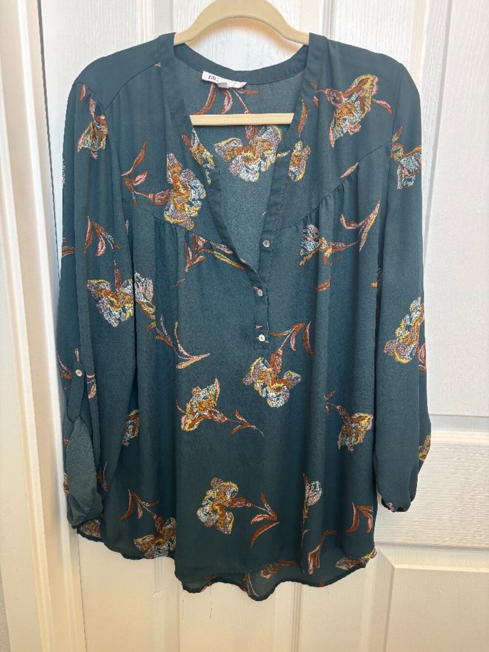 Long Sleeve Teal Green Floral Blouse
